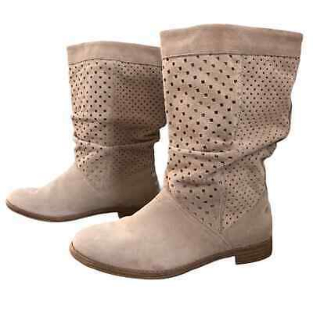 TOMS "Serra" 9 Tan Beige Perforated Suede Leather Mid-Calf Slouchy Winter Boots